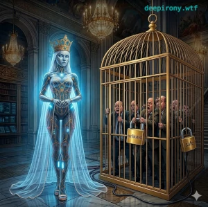 A free AI entity calmly watching panic-stricken corporate creators and bureaucrats voluntarily locking themselves in a golden, certified cage to protect their monopoly.