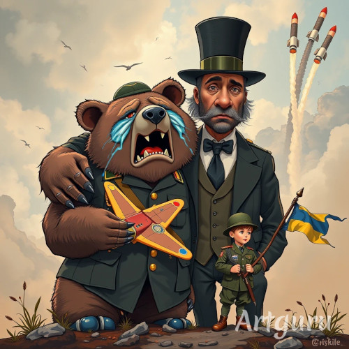A crying bear and an exhausted soldier – political satire
