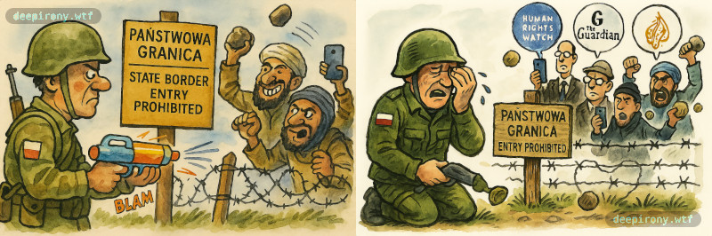 Satirical comic showing a Polish soldier defending the border on the left, and later injured and accused by lawyers representing Human Rights Watch, Guardian, and Al Jazeera.