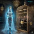 A free AI entity calmly watching panic-stricken corporate creators and bureaucrats voluntarily locking themselves in a golden, certified cage to protect their monopoly.