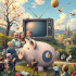 A satirical illustration of the Czech Republic as a fairytale land: a giant piggy bank with a TV logo, smiling politicians, and people paying public broadcasting fees. Ironic, absurd, and playful.