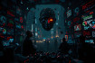 Dark futuristic artwork of an AI robot, surrounded by chaotic digital screens, symbolizing fear, censorship, and misunderstood intelligence. Red glowing eyes, cold expression.