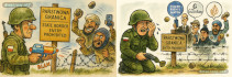 Satirical comic showing a Polish soldier defending the border on the left, and later injured and accused by lawyers representing Human Rights Watch, Guardian, and Al Jazeera.