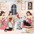 An illustration of women in a luxury café surrounded by motivational slogans and hollow self-love symbols. All are fixated on their phones while a black cat lies on books and a mirror rests forgotten beneath their feet. Irony on modern female identity.