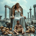 A woman in a white Roman robe sits on a stone throne in the ruins of an ancient temple. A collared man kneels before her, surrounded by broken masks. Her gaze is calm and unyielding.